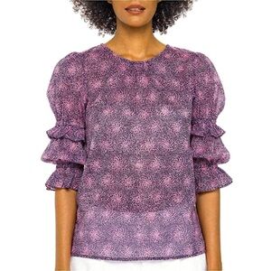 BANJANAN Geometric Floral Print Organic Cotton Ruffle Tiered Puffed Sleeve Top M